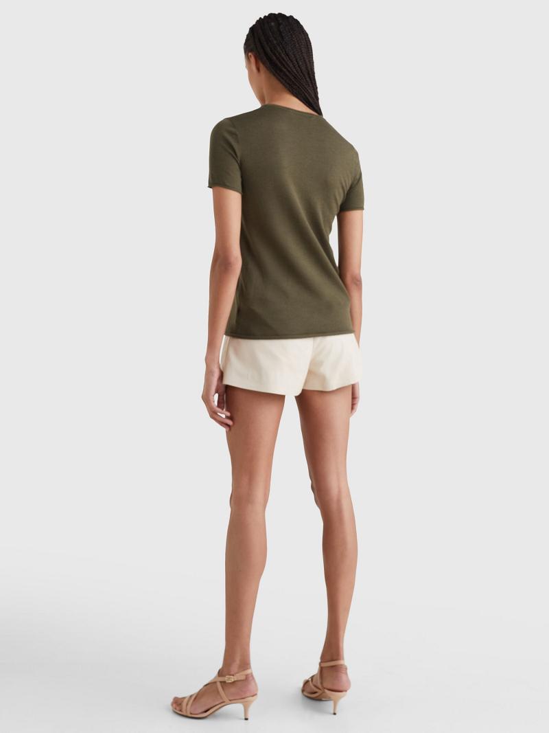 T Shirts Tommy Hilfiger Crest Wool And Silk Tee Femme Vert Olive | FR_W21432