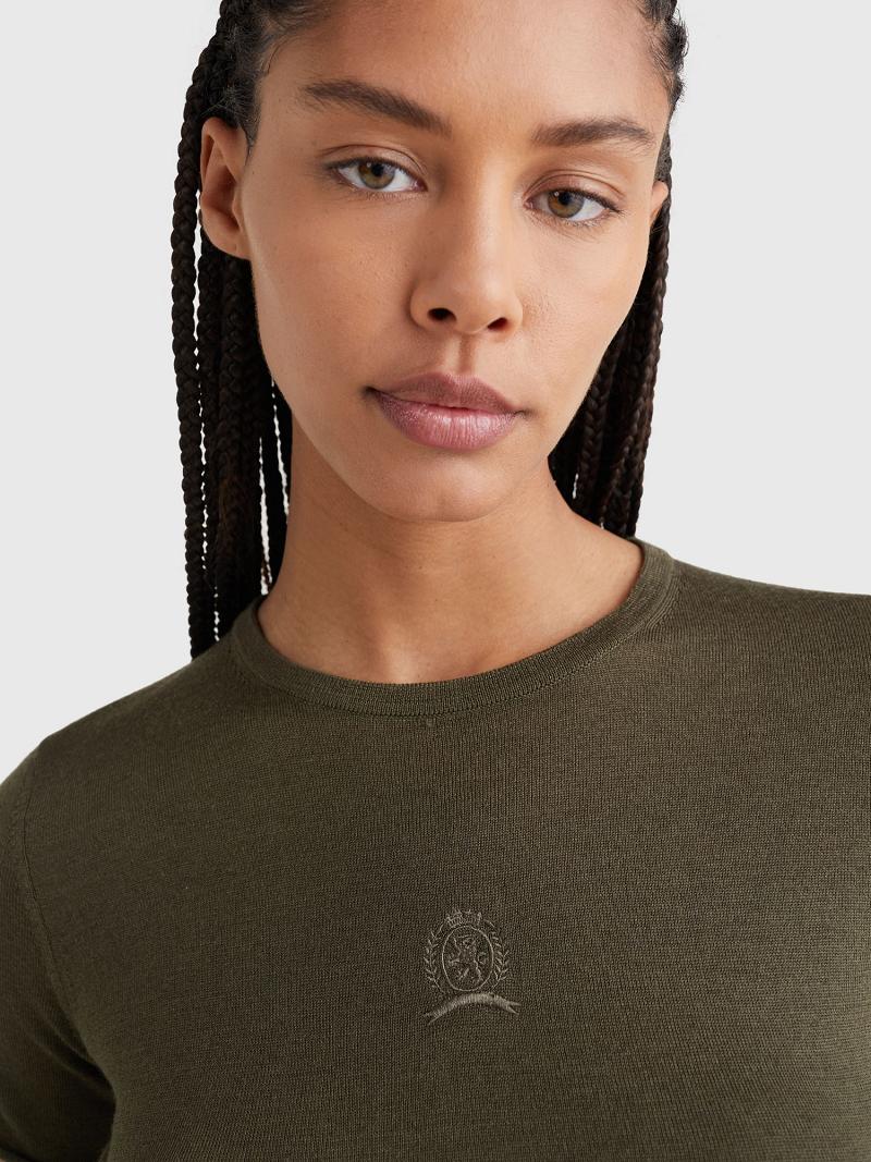 T Shirts Tommy Hilfiger Crest Wool And Silk Tee Femme Vert Olive | FR_W21432