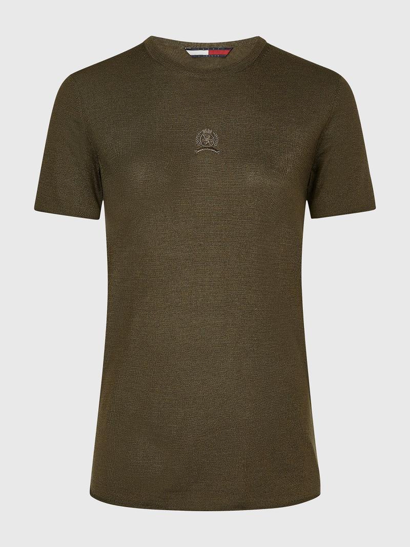 T Shirts Tommy Hilfiger Crest Wool And Silk Tee Femme Vert Olive | FR_W21432