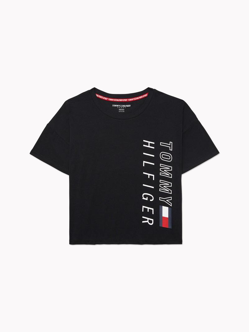 T Shirts Tommy Hilfiger Cropped Logo Femme Noir | FR_W21436