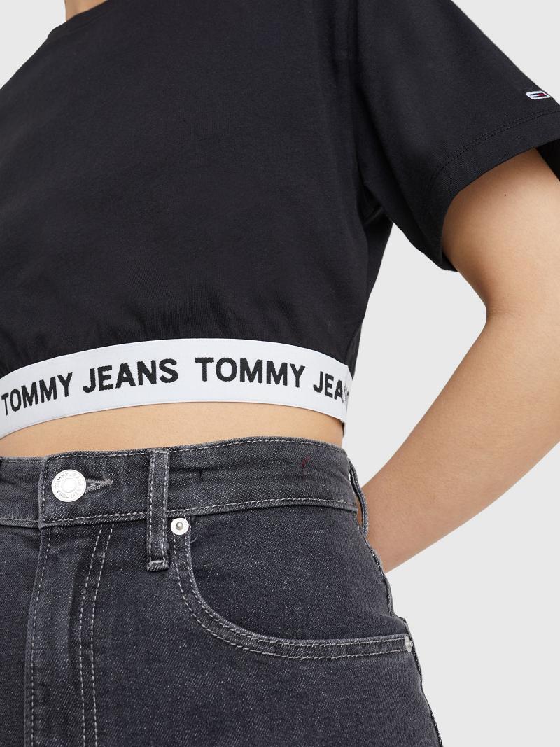 T Shirts Tommy Hilfiger Cropped Logo Tape Femme Noir | FR_W21437