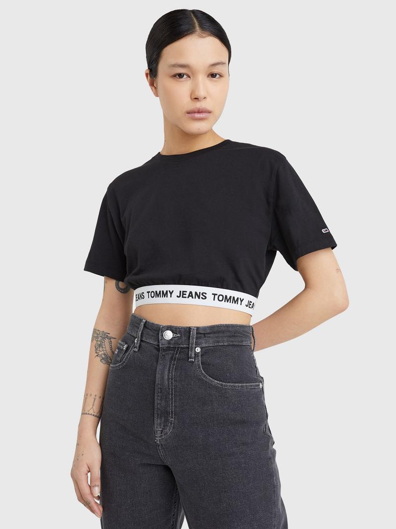 T Shirts Tommy Hilfiger Cropped Logo Tape Femme Noir | FR_W21437