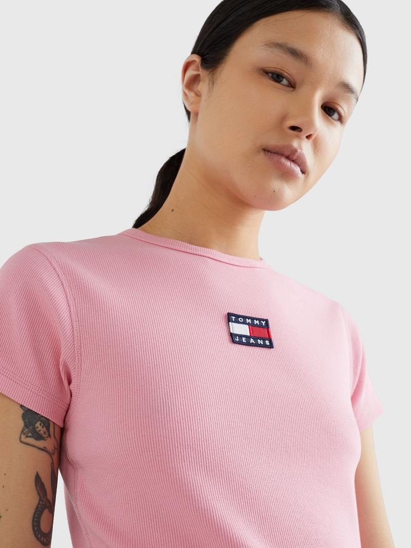 T Shirts Tommy Hilfiger Cropped Ribbed Badge Femme Rose | FR_W21438