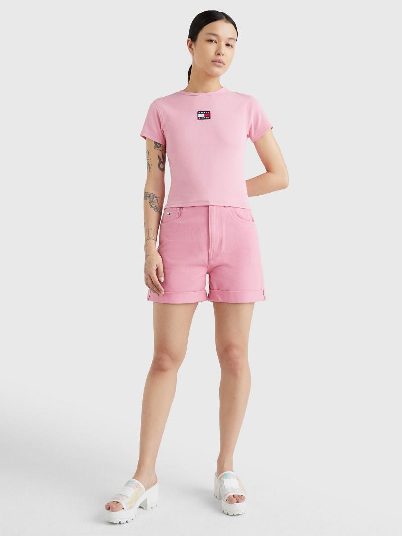 T Shirts Tommy Hilfiger Cropped Ribbed Badge Femme Rose | FR_W21438