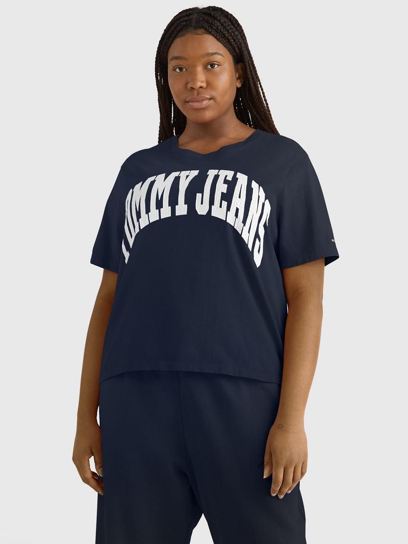 T Shirts Tommy Hilfiger Curve Oversized Cropped Collegiate Femme Bleu Marine | FR_W21441