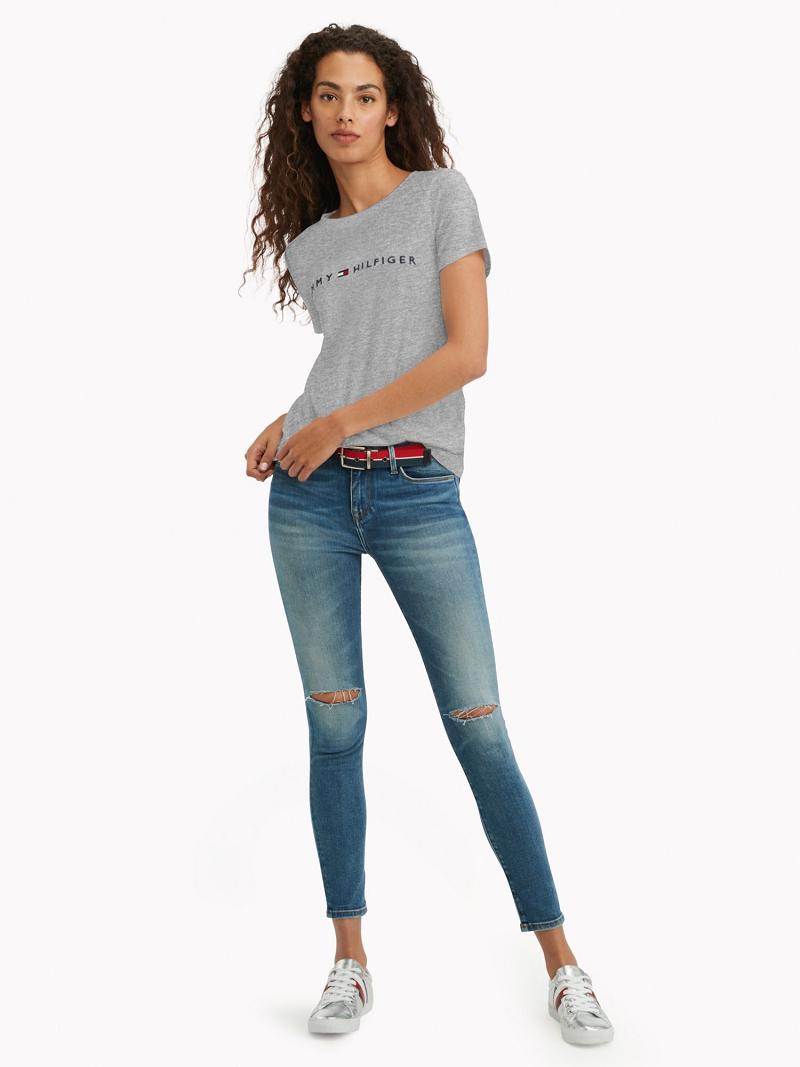 T Shirts Tommy Hilfiger Essential Logo Femme Grise | FR_W21448