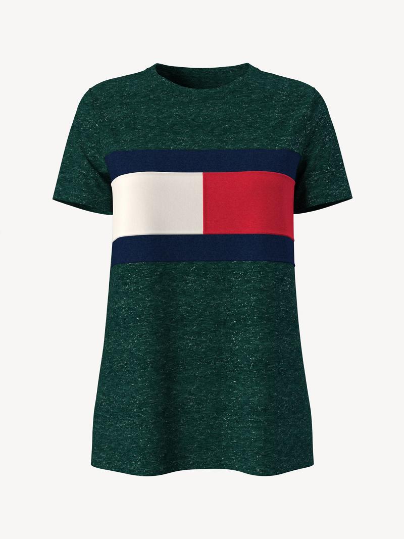 T Shirts Tommy Hilfiger Essential Logo Flag Femme Vert | FR_W21449