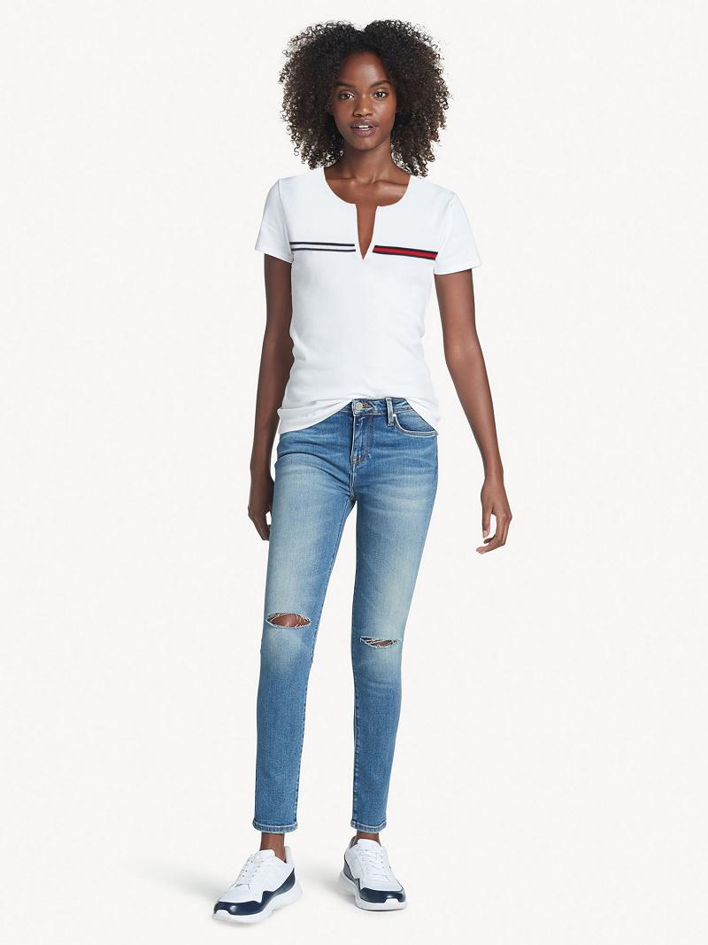 T Shirts Tommy Hilfiger Essential Split-Neck Femme Blanche | FR_W21451