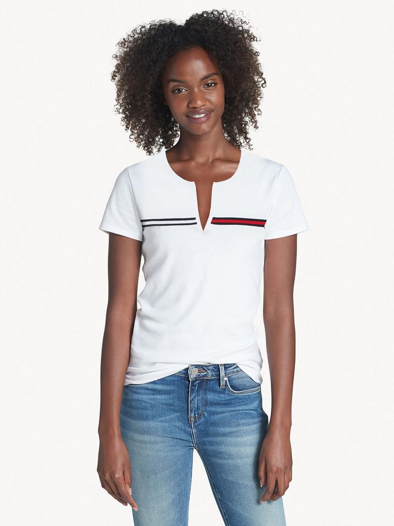 T Shirts Tommy Hilfiger Essential Split-Neck Femme Blanche | FR_W21451