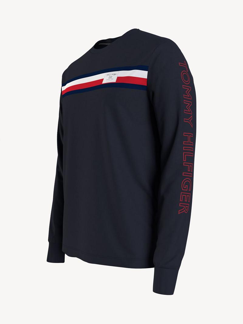 T Shirts Tommy Hilfiger Logo stripe long-sleeve Homme Bleu Marine | FR_M31052