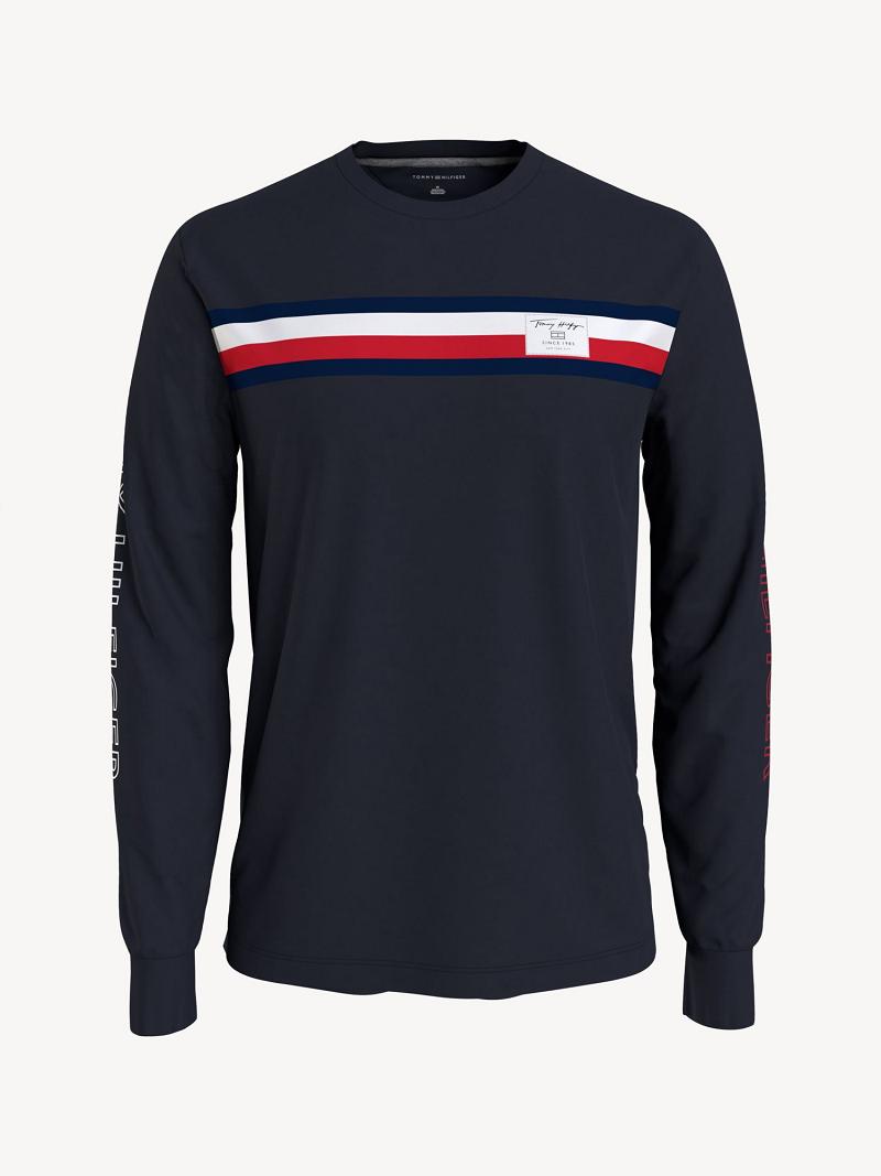 T Shirts Tommy Hilfiger Logo stripe long-sleeve Homme Bleu Marine | FR_M31052