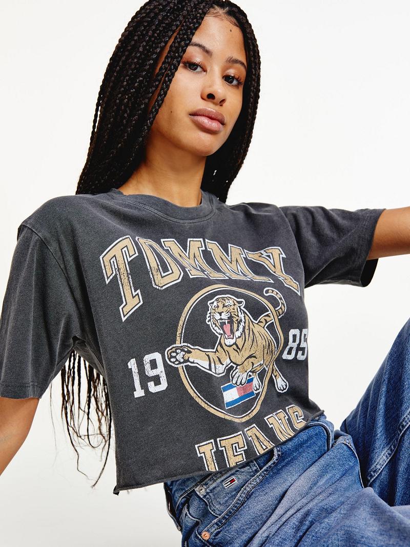 T Shirts Tommy Hilfiger Organic Coton Collegiate Tiger Femme Grise | FR_W21468