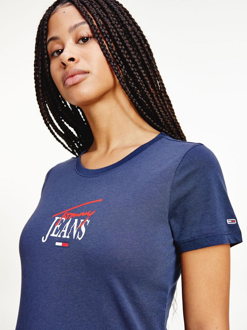 T Shirts Tommy Hilfiger Organic Coton Essential Logo Femme Bleu Marine | FR_W21469