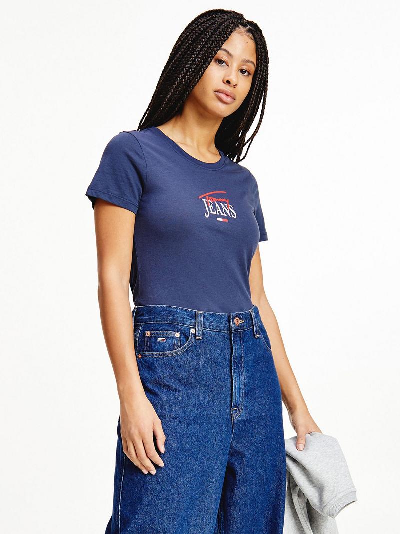 T Shirts Tommy Hilfiger Organic Coton Essential Logo Femme Bleu Marine | FR_W21469