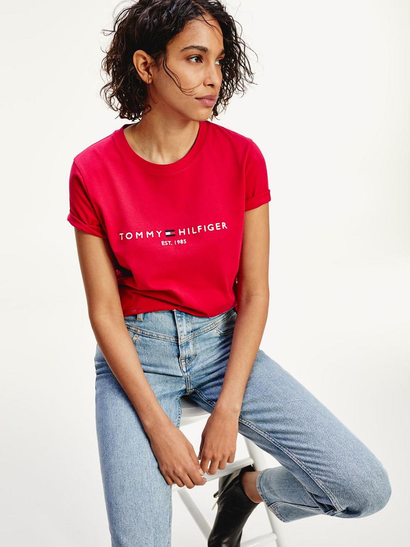 T Shirts Tommy Hilfiger Organic Coton Logo Femme Rouge | FR_W21472