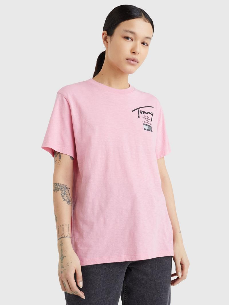 T Shirts Tommy Hilfiger Signature Logo Femme Rose | FR_W21475