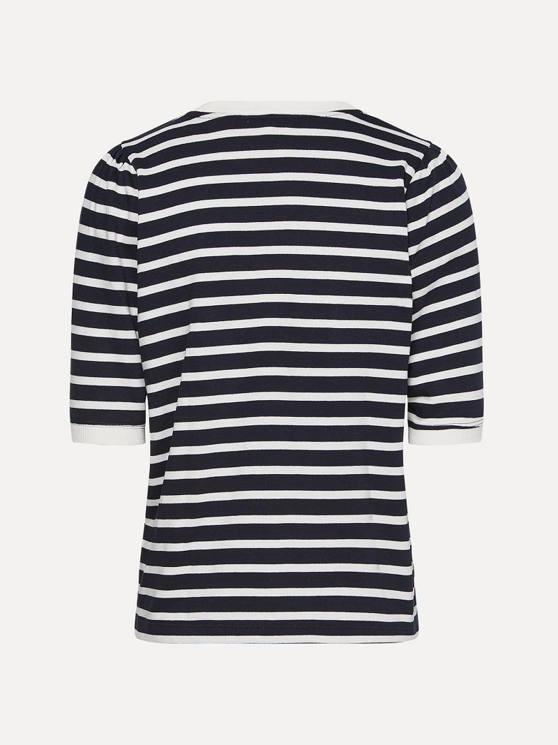 T Shirts Tommy Hilfiger Stripe Crewneck Top Femme Noir Blanche | FR_W21476