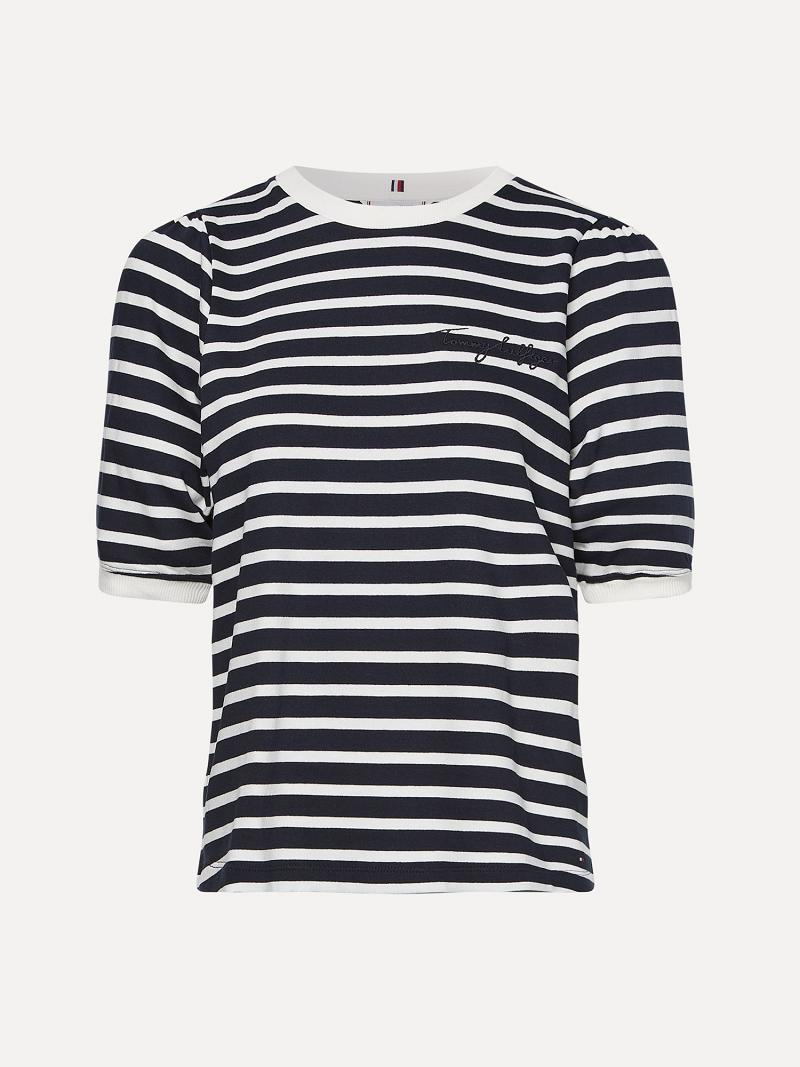 T Shirts Tommy Hilfiger Stripe Crewneck Top Femme Noir Blanche | FR_W21476