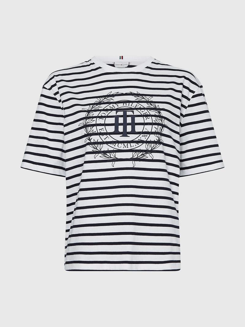 T Shirts Tommy Hilfiger Stripe TH Crest Logo Femme Blanche | FR_W21477