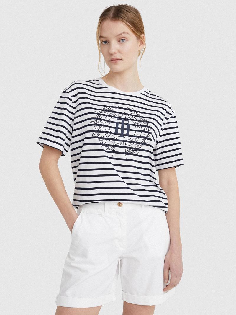 T Shirts Tommy Hilfiger Stripe TH Crest Logo Femme Blanche | FR_W21477