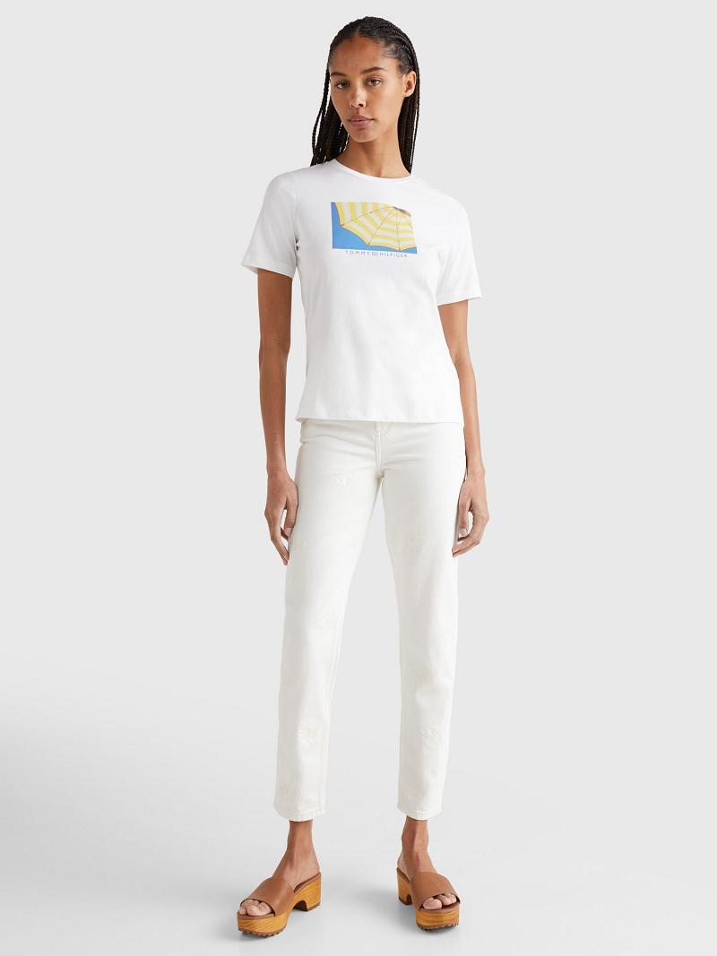 T Shirts Tommy Hilfiger Umbrella Crewneck Femme Blanche | FR_W21485