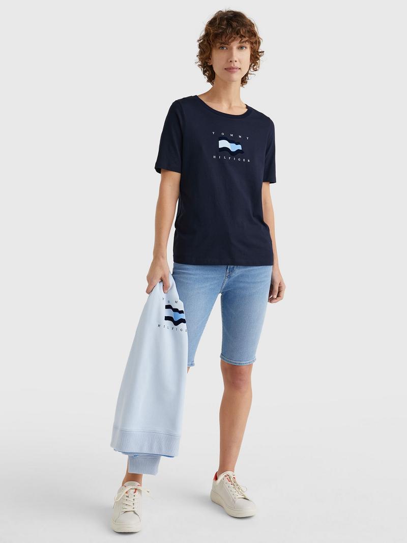 T Shirts Tommy Hilfiger Wavy Flag Femme Bleu | FR_W21487