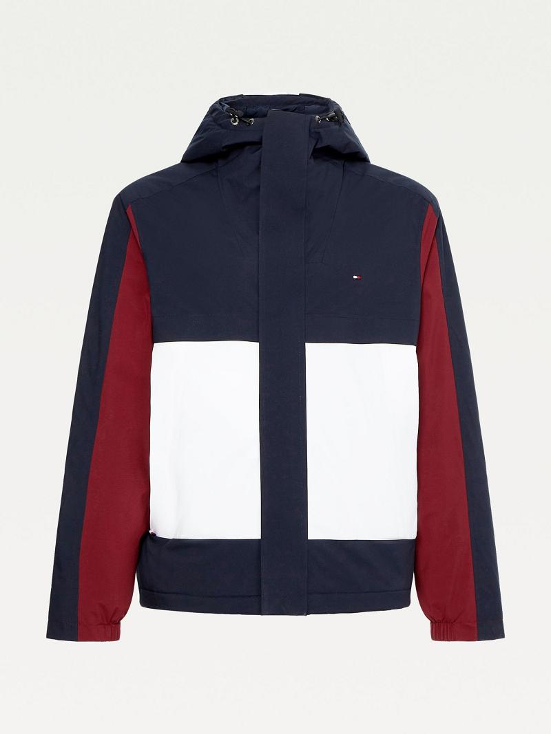 Vestes Tommy Hilfiger Recycled hooded colorblock Homme Bleu Marine Rouge Blanche | FR_M31415