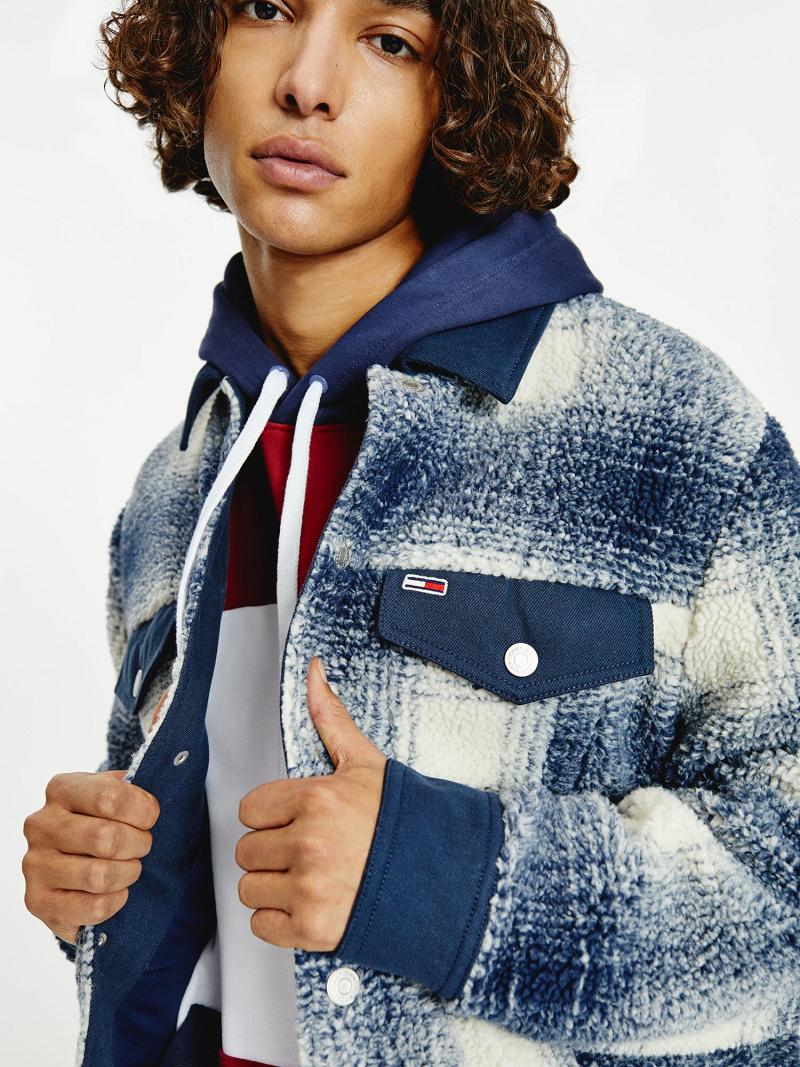 Vestes Tommy Hilfiger Recycled sherpa check trucker Homme Bleu Blanche | FR_M31418