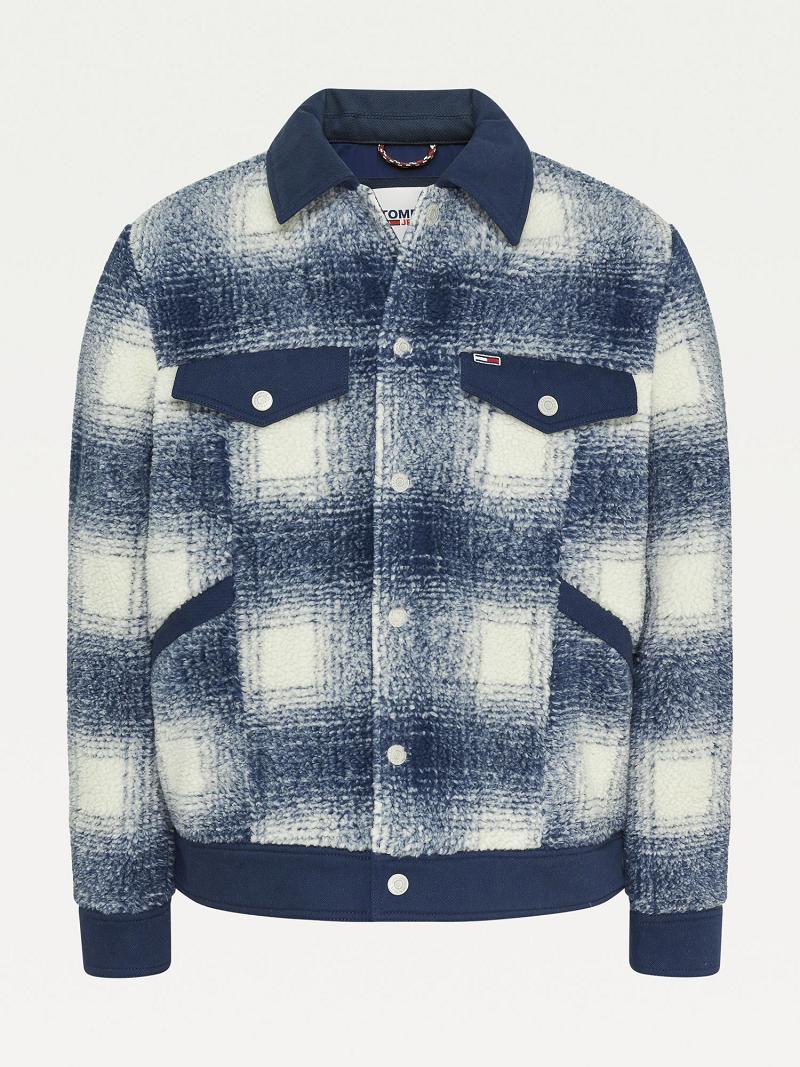 Vestes Tommy Hilfiger Recycled sherpa check trucker Homme Bleu Blanche | FR_M31418