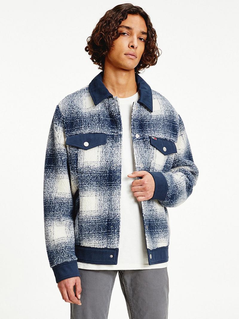 Vestes Tommy Hilfiger Recycled sherpa check trucker Homme Bleu Blanche | FR_M31418