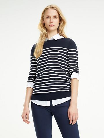 Chandails Tommy Hilfiger Maritime Stripe Femme Bleu Marine | FR_W21358