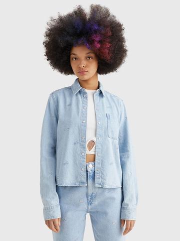 Chemises Tommy Hilfiger Cropped Logo Denim Femme Bleu | FR_W21279