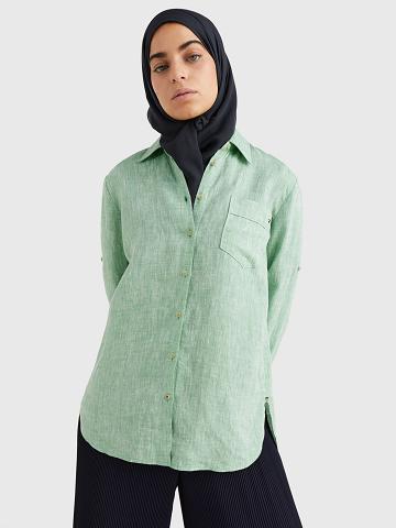 Chemises Tommy Hilfiger Linen Long-Sleeve Femme Vert | FR_W21285