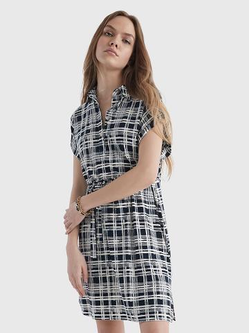 Peignoir Tommy Hilfiger Corta-Sleeve Plaid Shirtdress Femme Bleu Blanche | FR_W21115