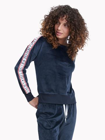 Sweat À Capuche Tommy Hilfiger Logo Tape Fleece Sleep Set Femme Bleu | FR_W21151