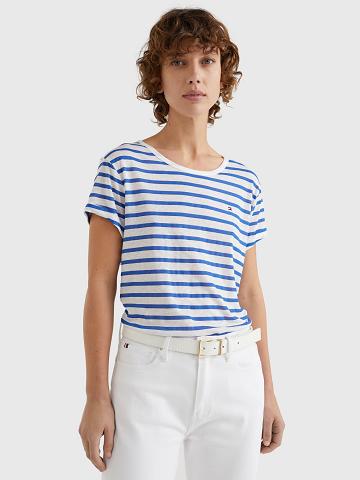 T Shirts Tommy Hilfiger Crewneck Femme Bleu Blanche | FR_W21433