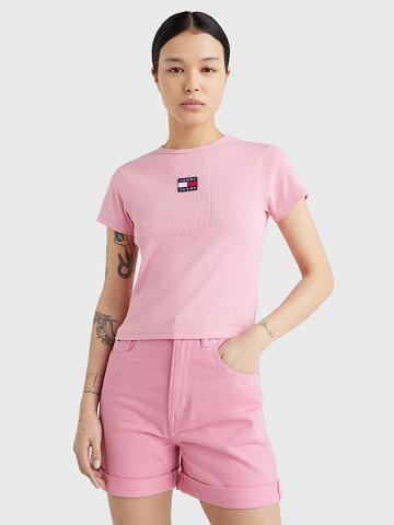 T Shirts Tommy Hilfiger Cropped Ribbed Badge Femme Rose | FR_W21438