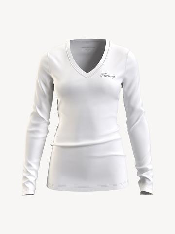 T Shirts Tommy Hilfiger Essential Favorite Long-Sleeve V-Neck Femme Blanche | FR_W21444