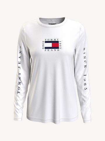 T Shirts Tommy Hilfiger Long-Sleeve Logo Femme Blanche | FR_W21461