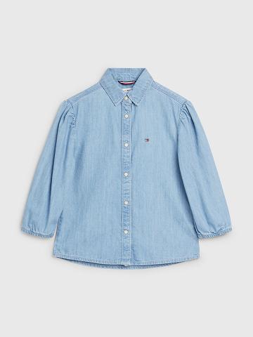 T Shirts Tommy Hilfiger Puff Sleeve Denim Shirt Enfant Bleu | FR_G1256