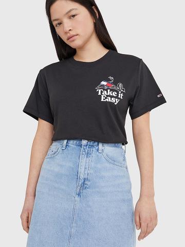 T Shirts Tommy Hilfiger Take It Easy Logo Femme Noir | FR_W21482